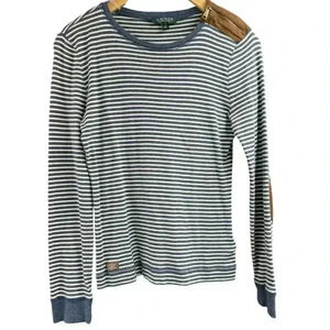 Lauren by Ralph Lauren Soft Cotton Blue/White Stripe Top with suede patch elbow